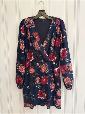 Lulu's Navy Floral Long Sleeve Wrap Dress